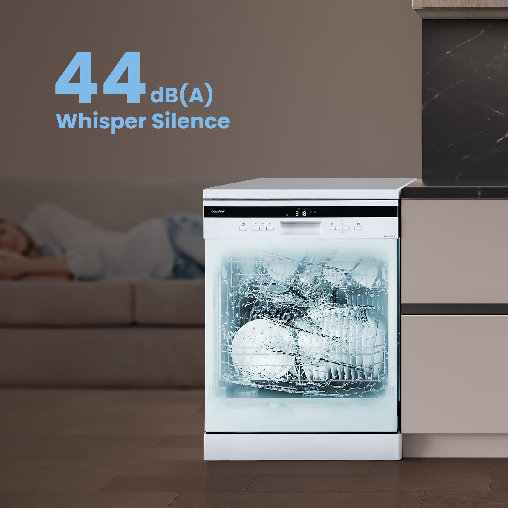 COMFEE' Freestanding Dishwasher FD1435E-W with 14 place settings, Full Size, 44dB, Wide LED Display