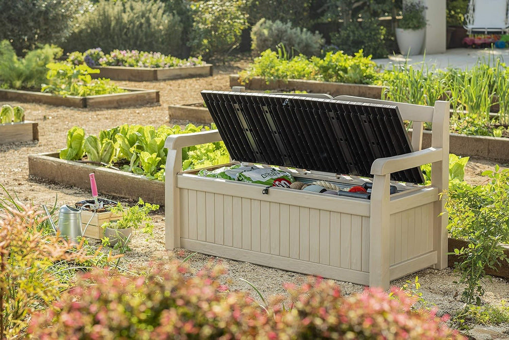 Keter Eden Bench 265L Outdoor 60% recycled Garden Furniture Storage Box Beige & Brown Wood Panel Effect