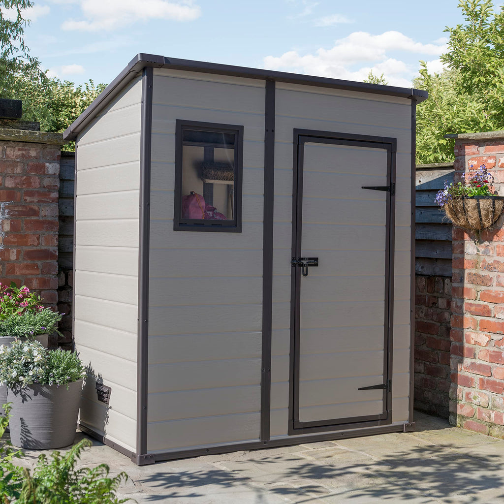 Keter Manor Outdoor Pent Single Door Garden Storage Shed 6 x 4ft Beige Brown Wood Effect