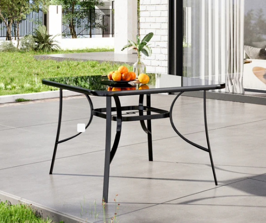 Metal Square Outdoor Dining Table with Tempered Glass Top